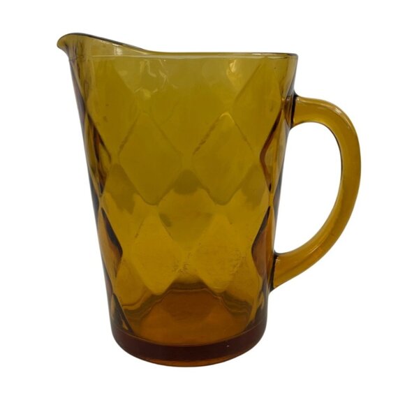 Hazel Atlas Amber Diamond-Pattern Glass Pitcher With Handle Vintage Style - Picture 1 of 12
